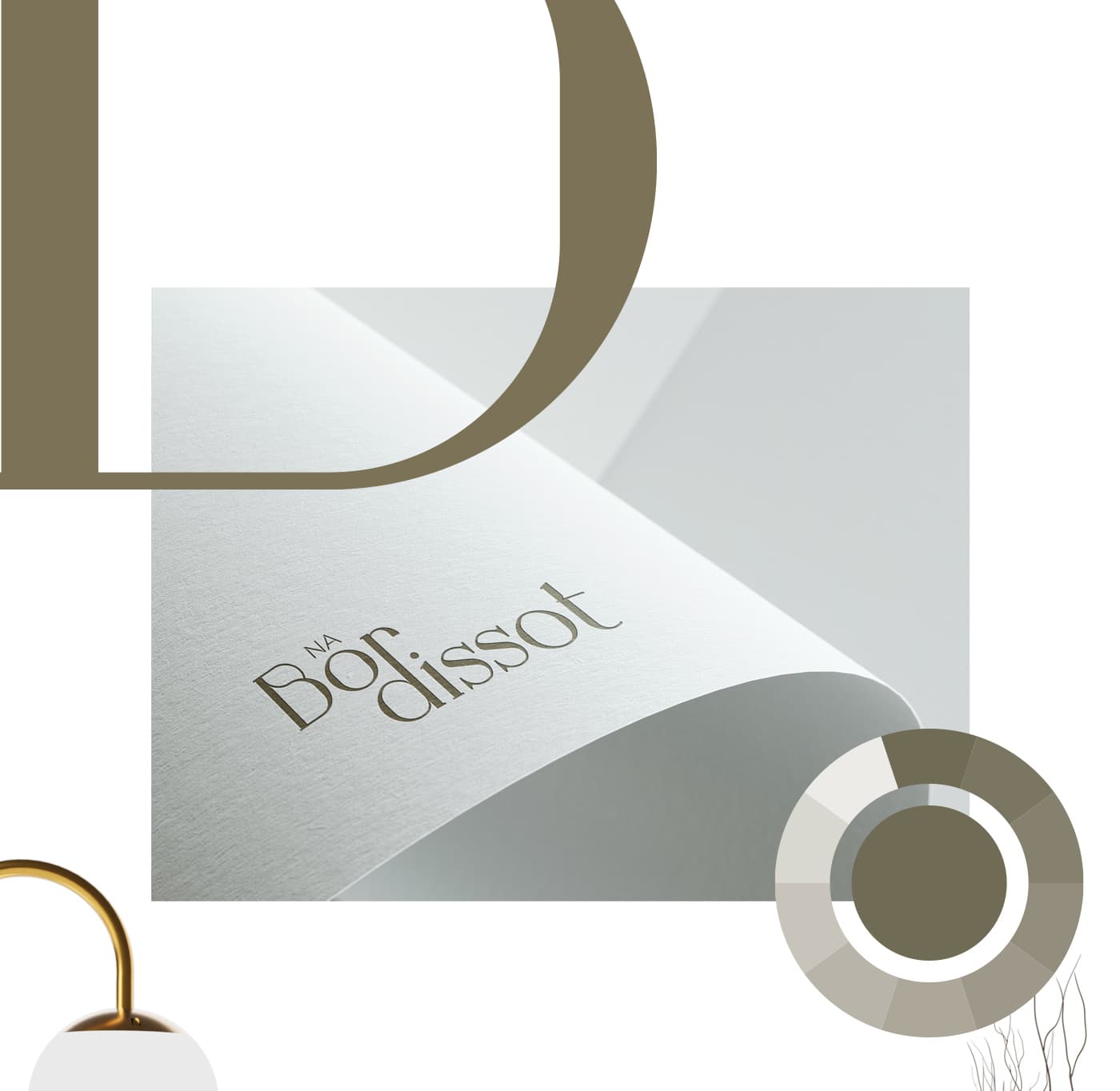 Mockup del logotipo Na Bordissot grabado en papel junto a la paleta de color