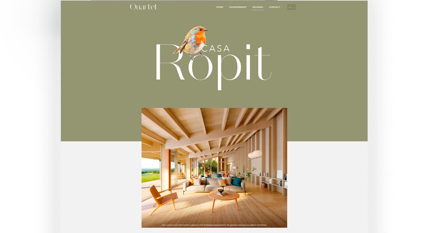 Pàgina de Casa Ropit amb el pit-roig il·lustrat sobre fons verd oliva i el saló interior