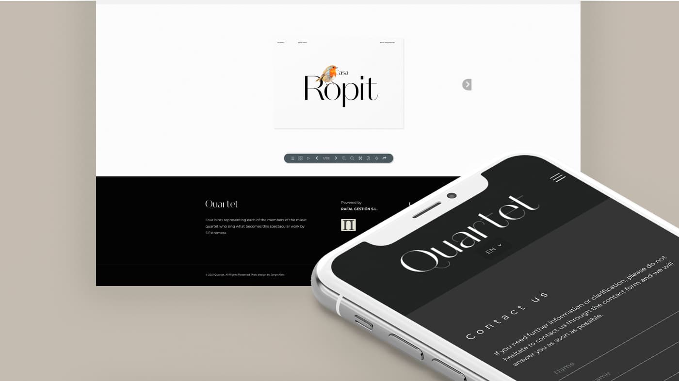 Mockup de mòbil amb la web de Quartet junt a la fitxa de Casa Falcó