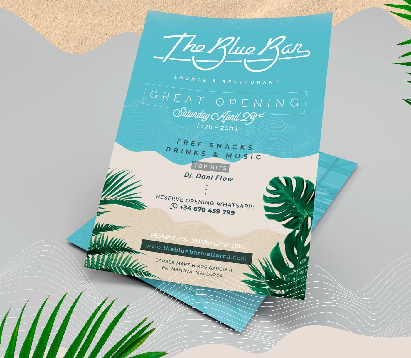 Cartel de apertura Great Opening con hojas tropicales en tonos turquesa