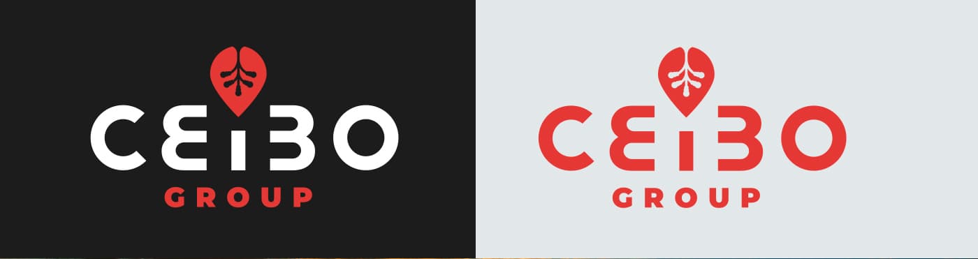 Logotip de Ceibo Group en blanc sobre negre i en vermell sobre gris clar