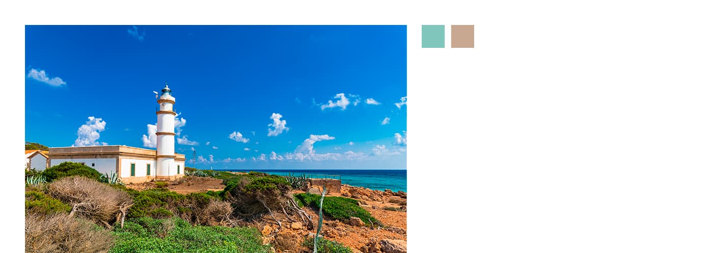 Paleta cromática en turquesa y beige junto a una fotografía del faro de Cap de Ses Salines
