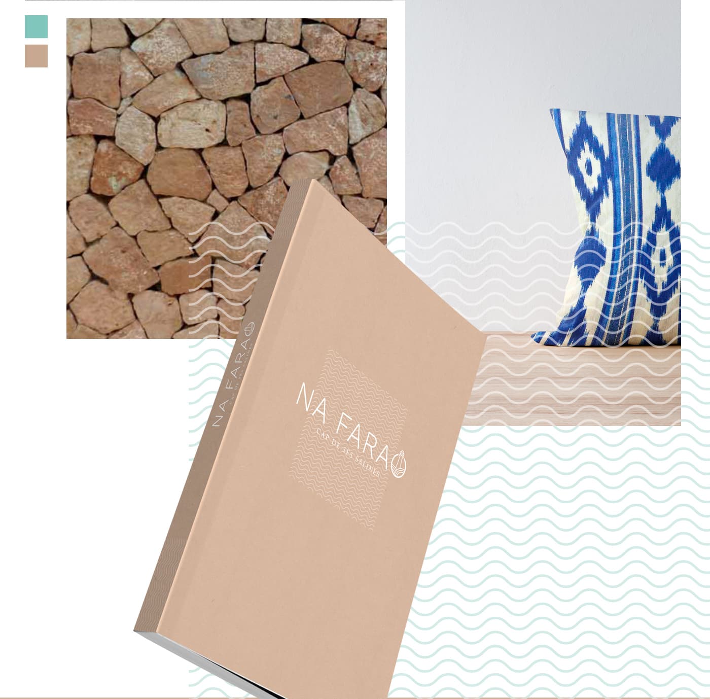 Collage con muro de piedra seca, dossier kraft y cojín de tela ikat azul