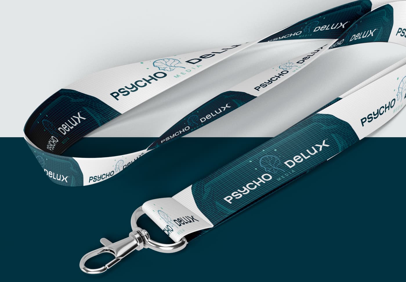 Cordó identificatiu amb el logotip en blau petroli i blanc