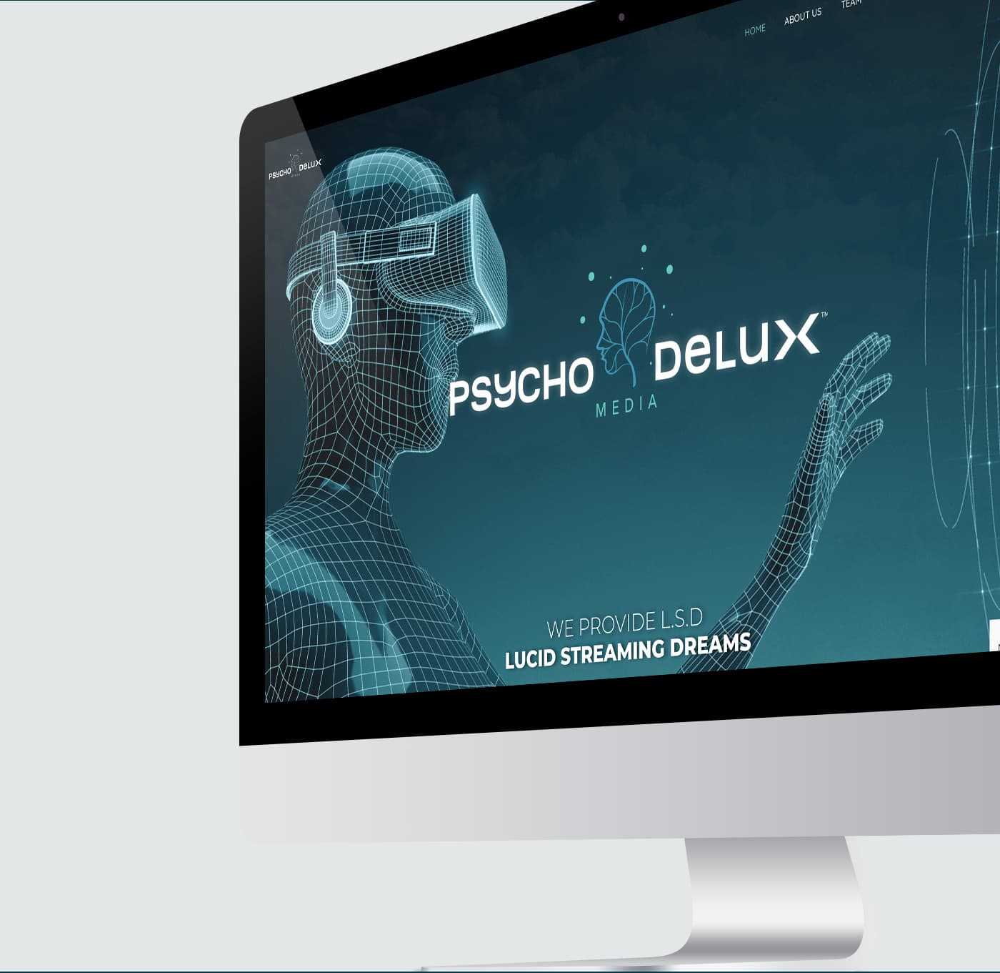 Mockup d'iMac amb la web i una figura en wireframe amb ulleres de realitat virtual