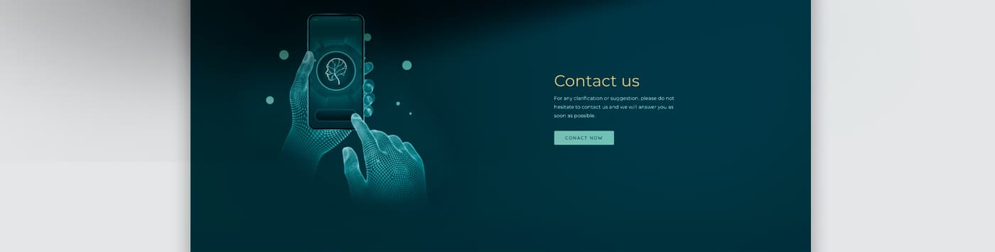 Secció de contacte de la web amb unes mans en wireframe sostenint un mòbil