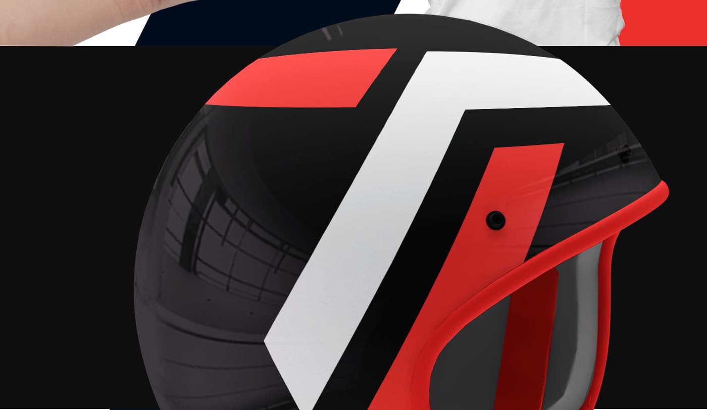Casco de moto negro, blanco y rojo con el símbolo de la T de la marca