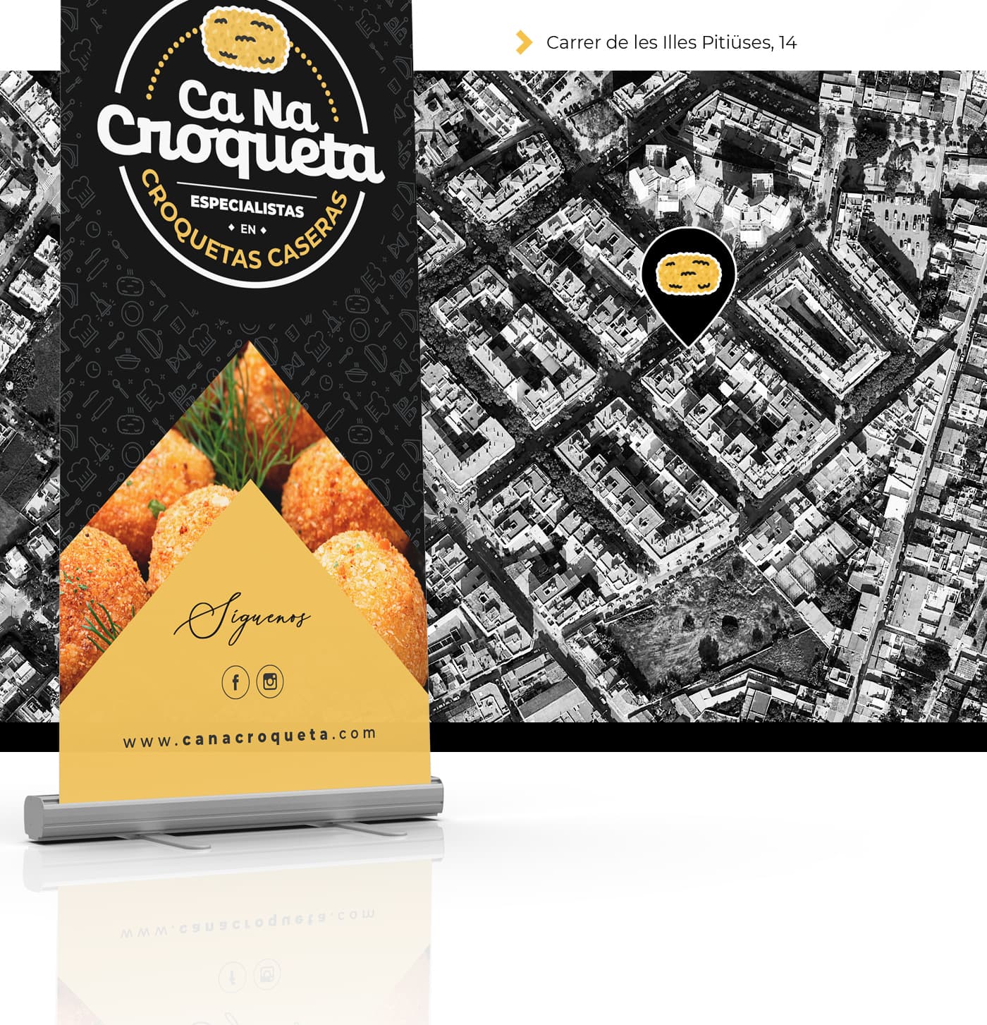 Roll-up publicitario y mapa de localización del restaurante en Palma