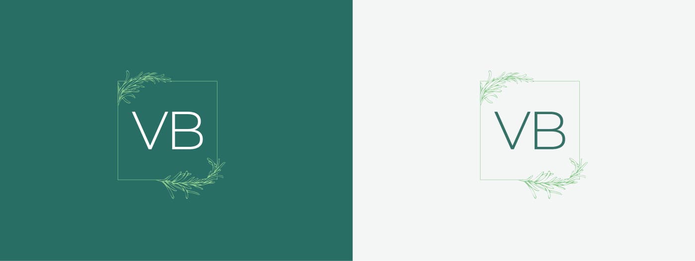 Monograma VB en versión negativa sobre verde y en versión positiva sobre fondo claro