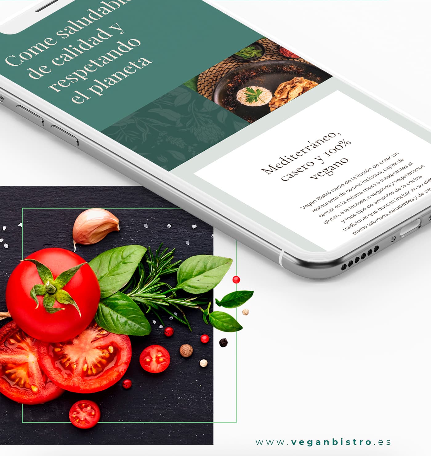 Mockup de pantalla de móvil con la web de Vegan Bistró y una fotografía de ingredientes
