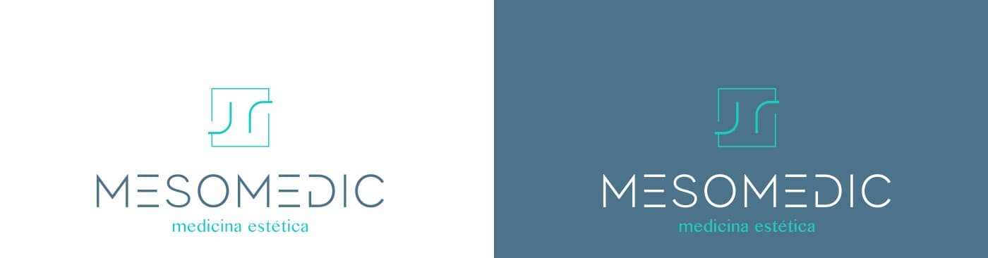 Aplicaciones del logotipo MESOMEDIC sobre fondo blanco y azul petróleo