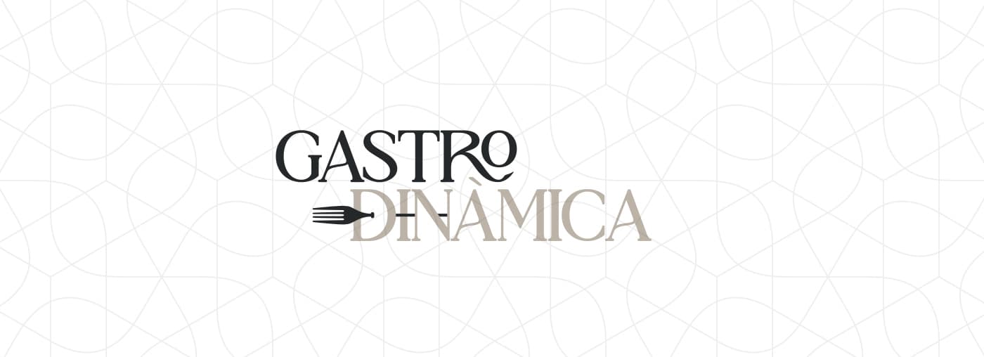 Logotip de Gastrodinàmica en negre i beix sobre fons blanc amb patró geomètric