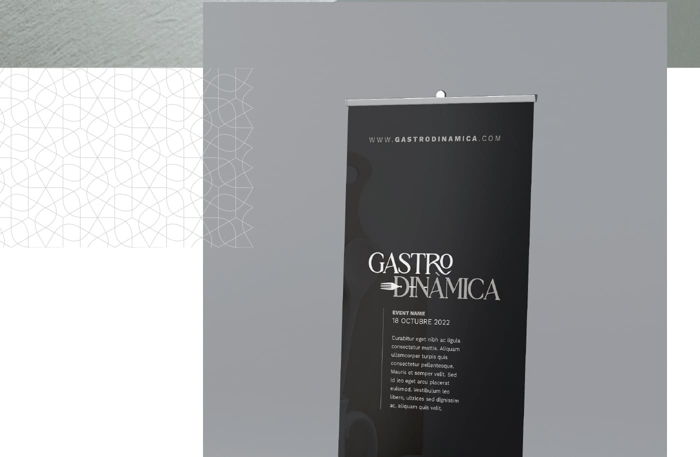 Roll-up de Gastrodinàmica en negre amb el logotip i dades d'un esdeveniment