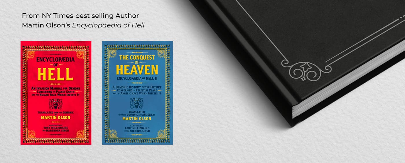Portadas de los libros Encyclopaedia of Hell y The Conquest of Heaven junto a una tapa negra