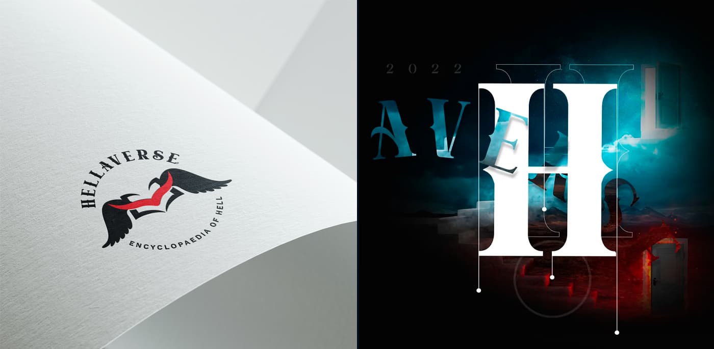 Logotipo de Hellaverse impreso en papel junto a una composición tipográfica AVEH