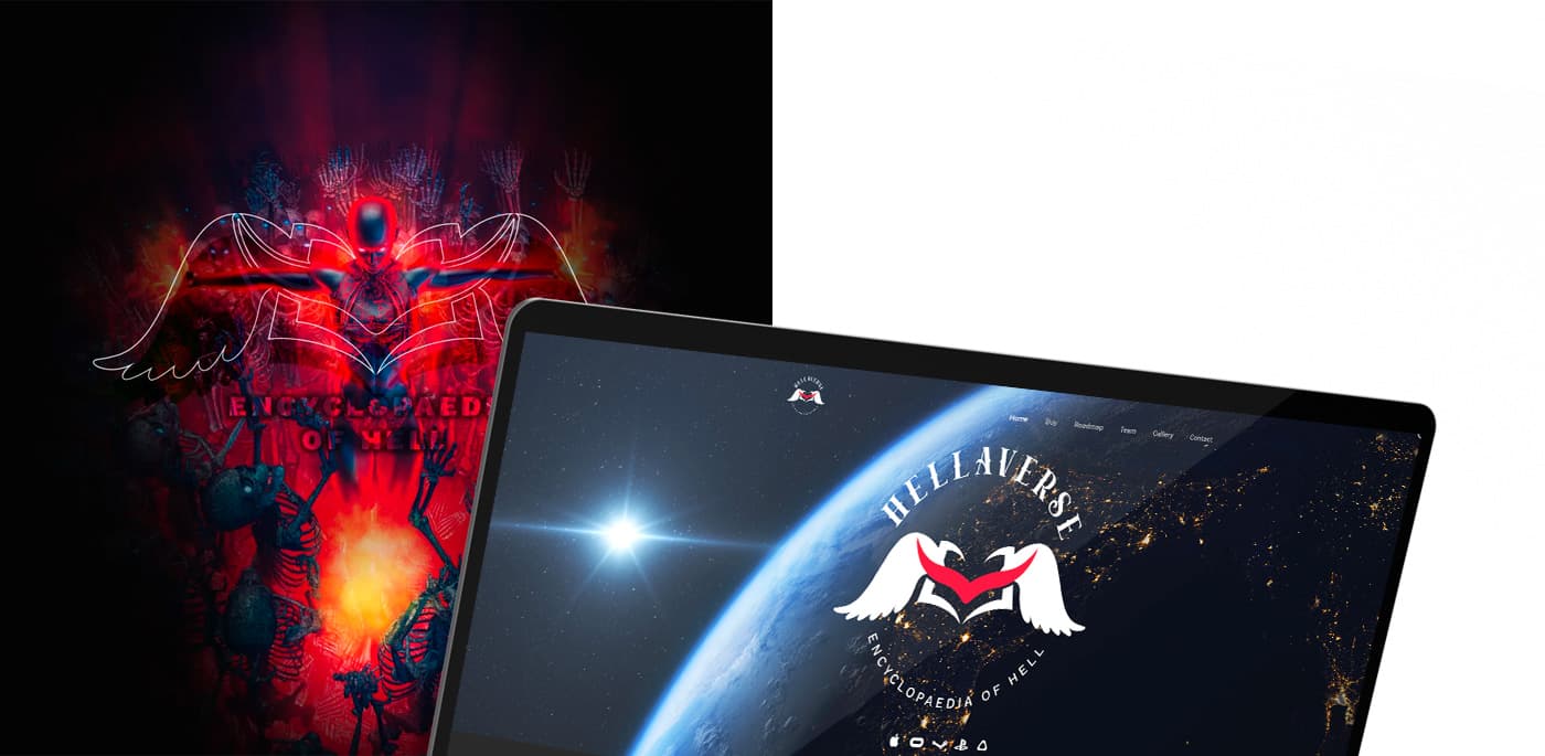 Ilustración de un demonio alado en llamas junto al mockup web con la Tierra vista desde el espacio