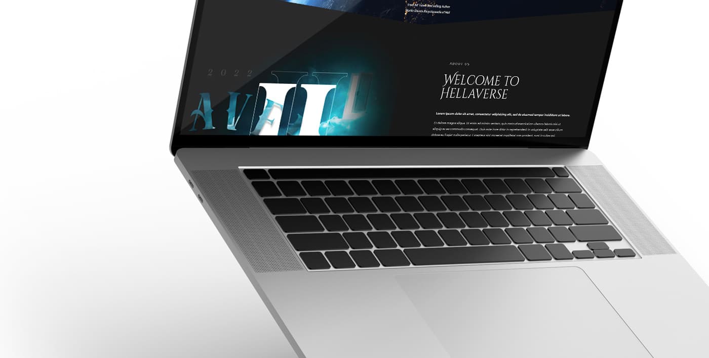 Mockup de portátil con la sección Welcome to Hellaverse de la web