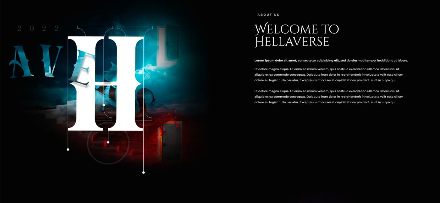 Sección Welcome to Hellaverse de la web con la ilustración tipográfica en detalle