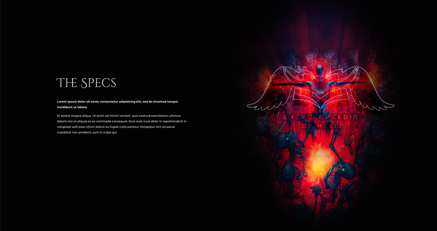 Sección The Specs de la web con la ilustración de un demonio alado en llamas