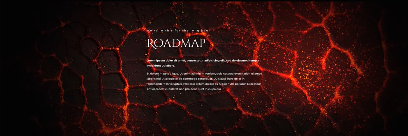 Sección Roadmap de la web sobre un fondo de textura de lava agrietada