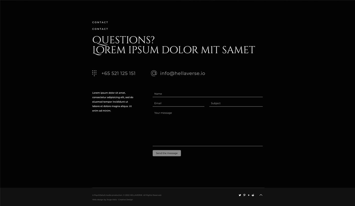 Sección de contacto de la web con el formulario Questions sobre fondo negro