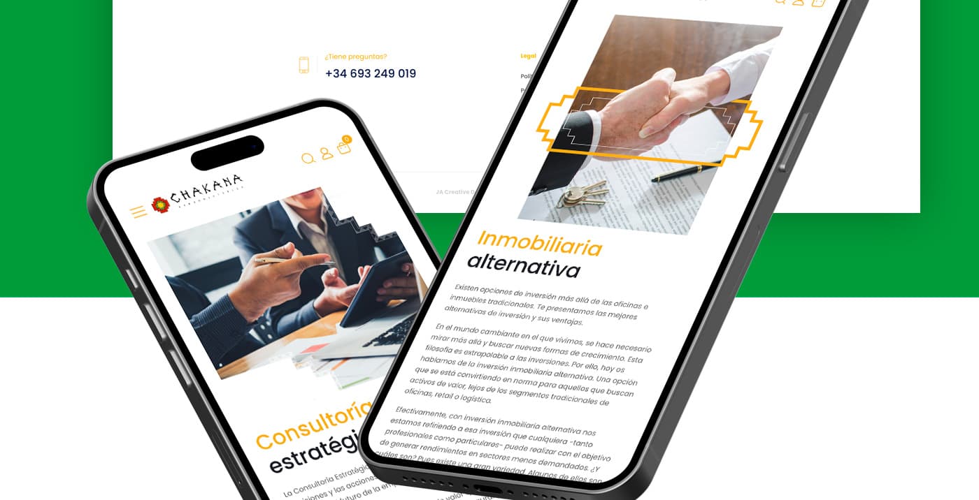 Mockups of the site on mobile with the consultancy and real estate sections