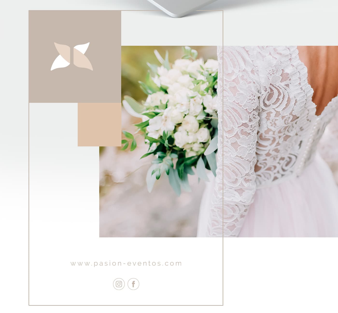 Isotipo de Pasión Eventos junto a una fotografía de un ramo de novia y el vestido