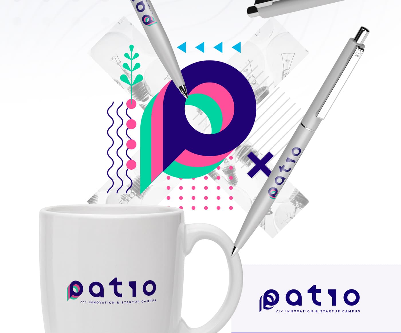 Mug and merchandising pens with the P-shaped symbol