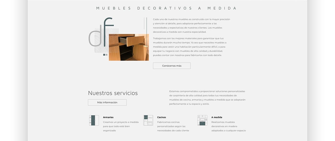 Sección de la web sobre muebles decorativos a medida junto a un cajón de madera abierto