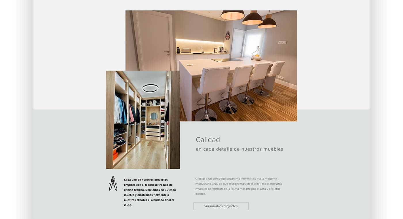 Cocina blanca con isla central y vestidor de madera en la sección de calidad de la web