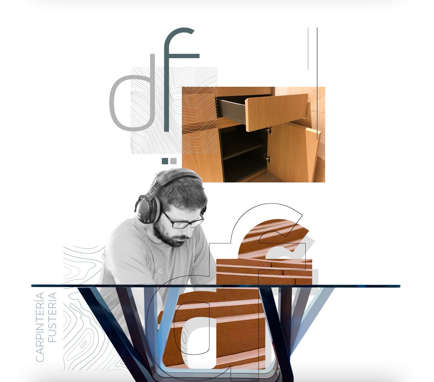 Collage con el isotipo de Defusta y un carpintero lijando un mueble de madera