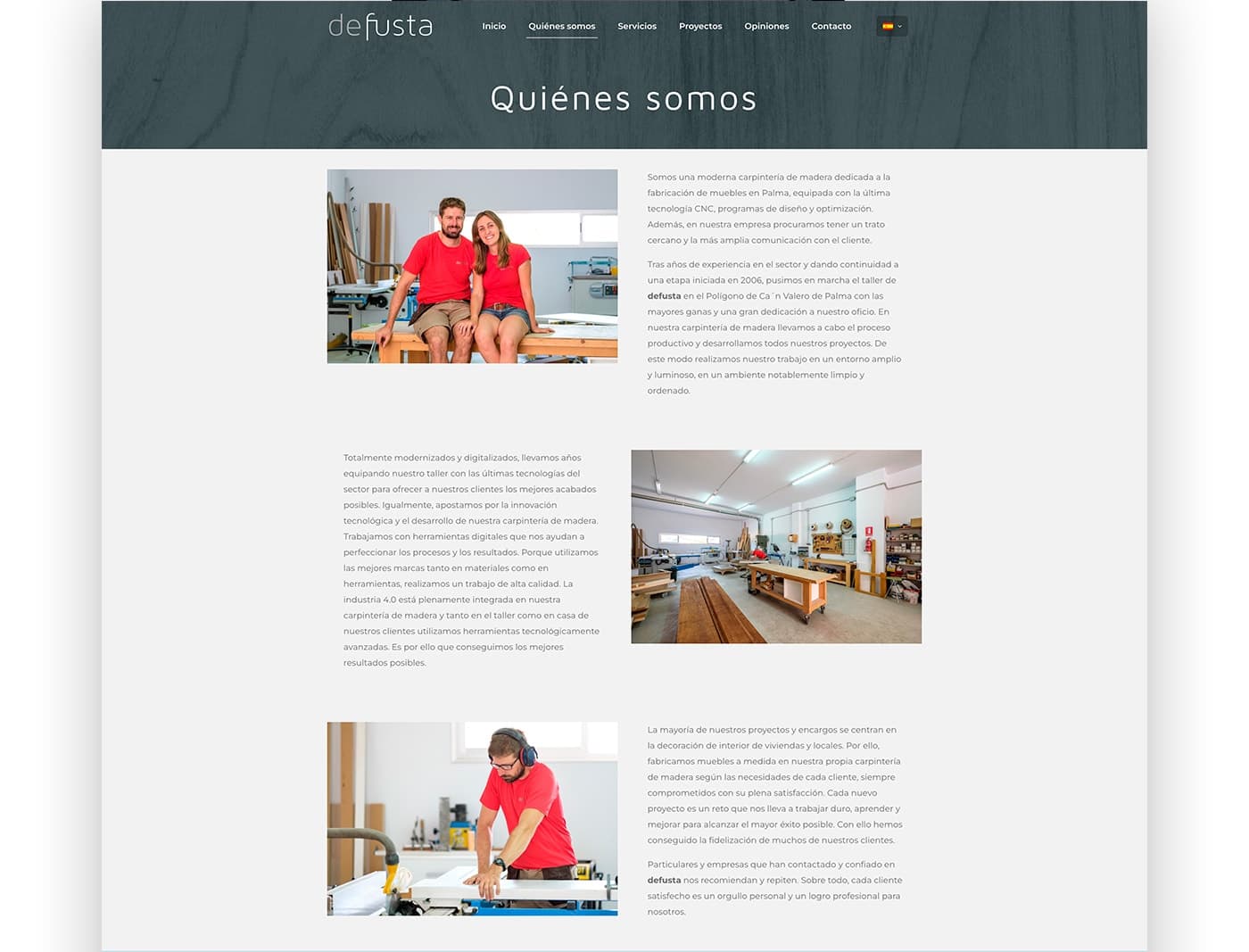 Página web Quiénes somos con foto de la pareja fundadora y del taller de carpintería