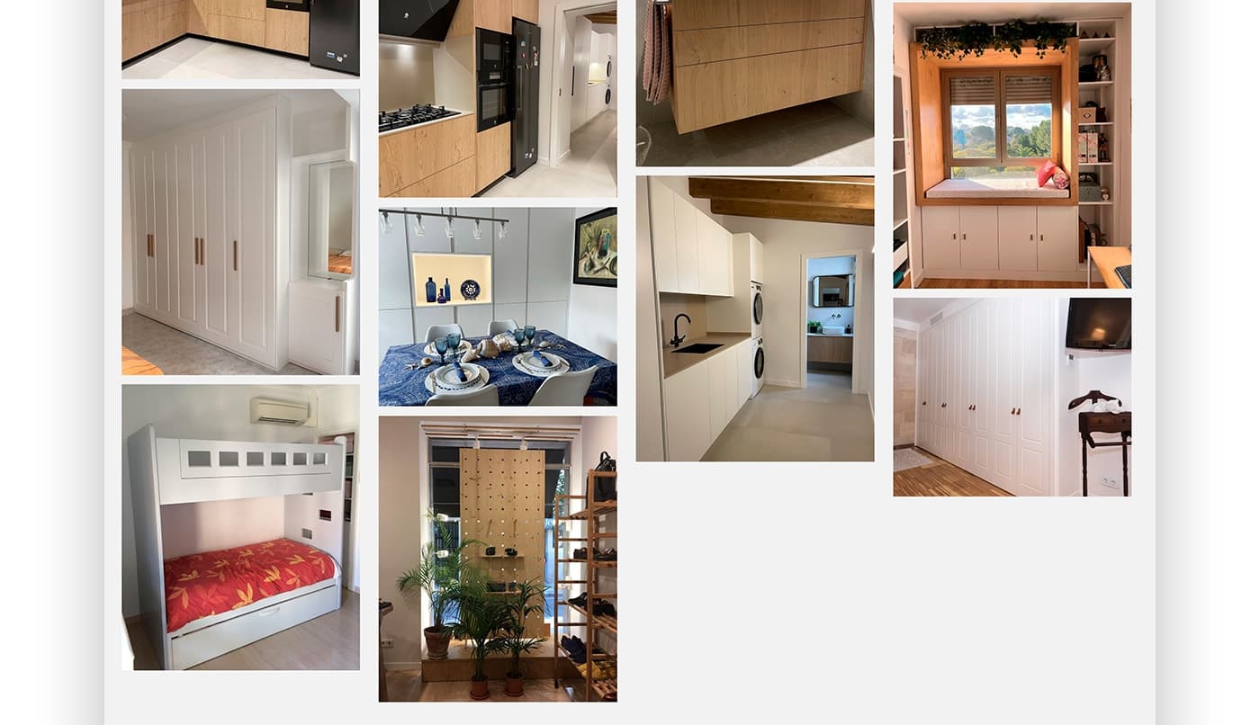 Cuadrícula de proyectos con armarios empotrados, cocina y ventana con banco de madera