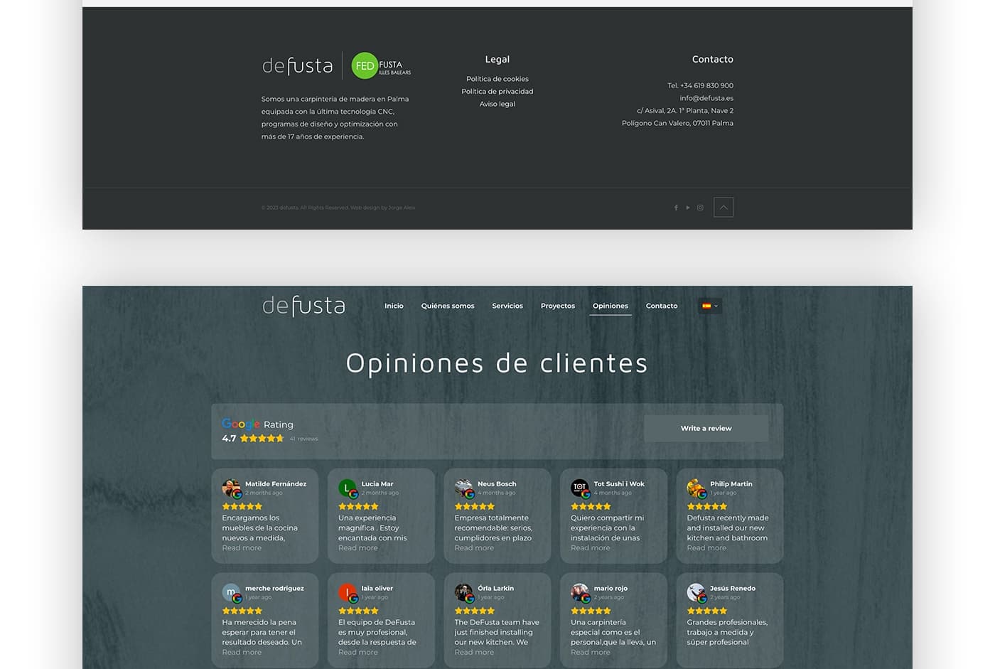 Pie de página de la web y sección de opiniones de clientes con valoración de Google