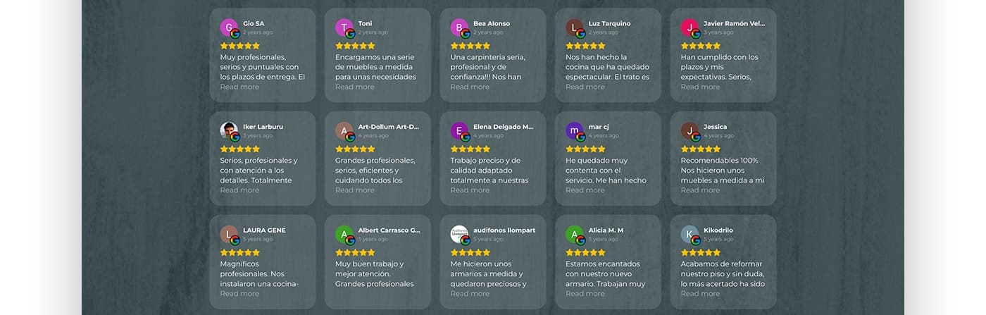 Cuadrícula de reseñas de clientes de Defusta con calificación de cinco estrellas