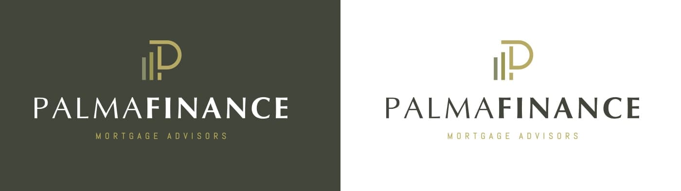 Logotipo de Palma Finance en versiones sobre fondo verde oscuro y blanco