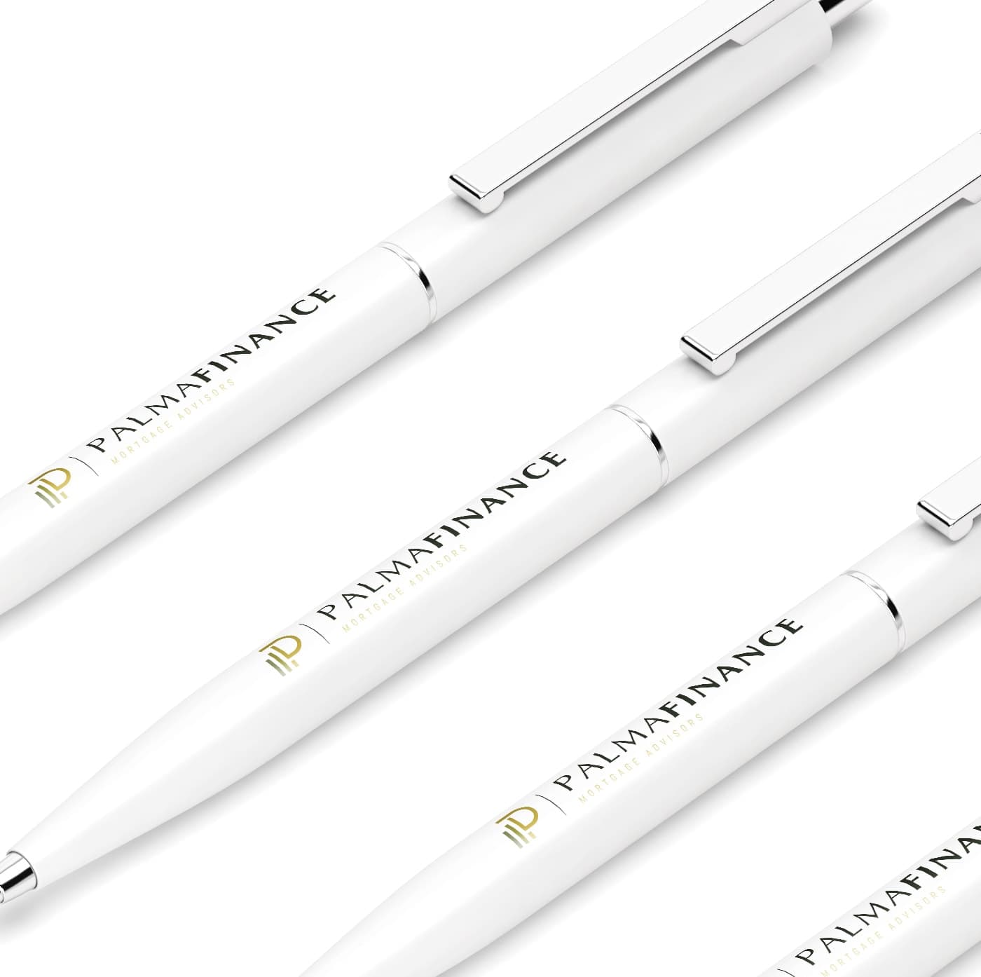 Bolígrafos blancos personalizados con el logotipo de Palma Finance