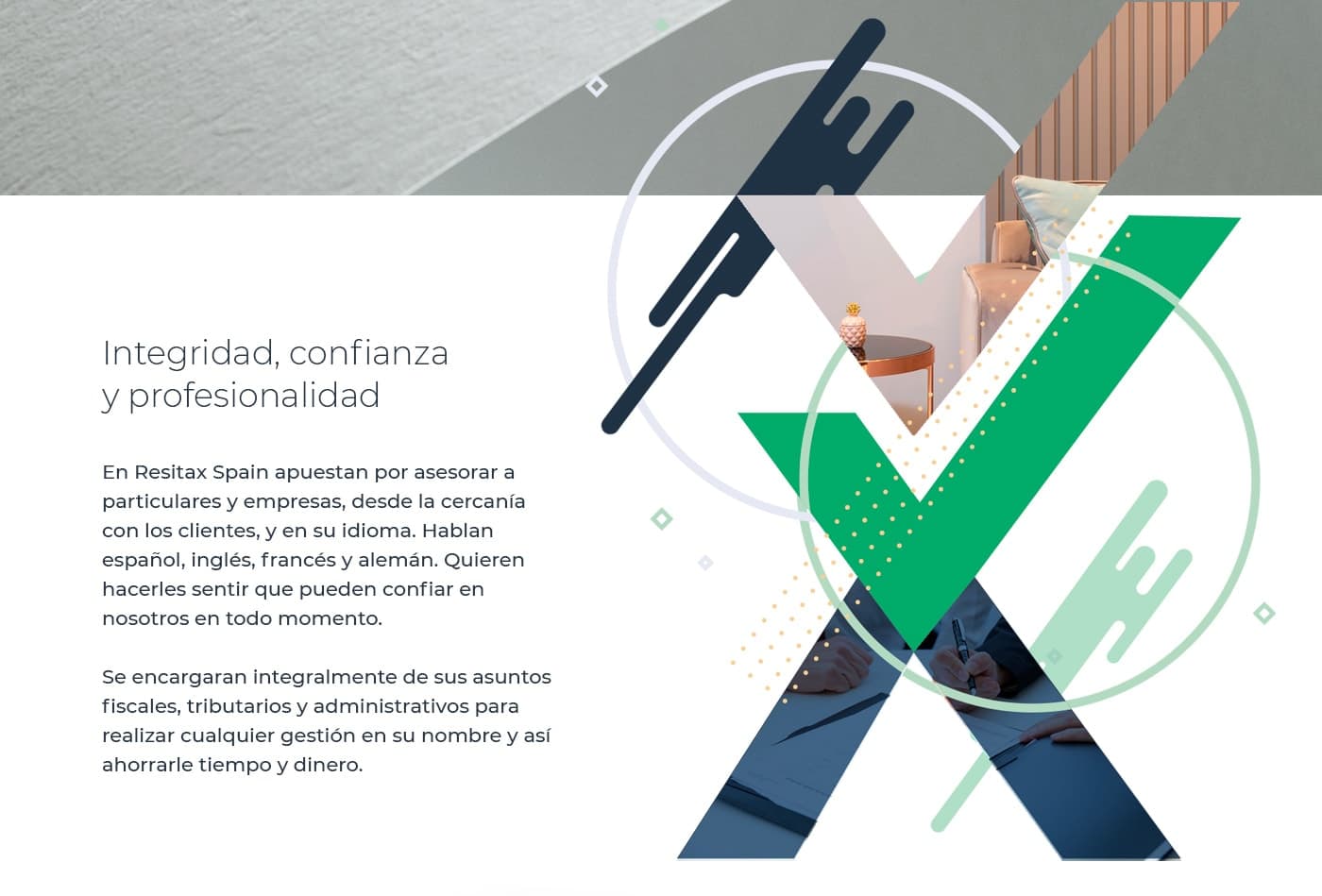Secció web Integritat, confiança i professionalitat amb collage fotogràfic en forma de X