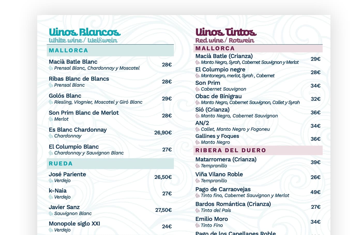 Doble pàgina de la carta amb els llistats de vins blancs i vins negres
