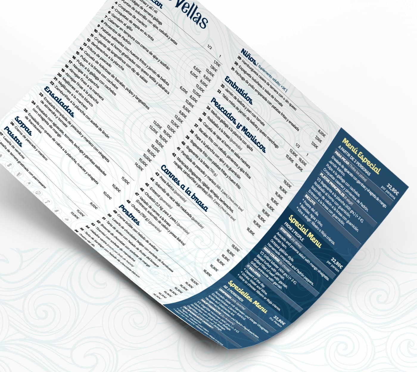 Carta del restaurant plegada mostrant el llistat de plats, carns i el menú especial