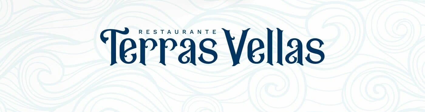 Logotip Terras Vellas en blanc sobre fons amb textura d'ones blaves