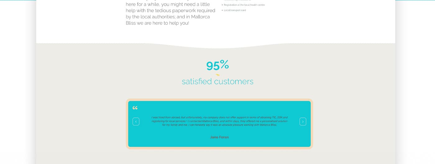 Secció web amb la xifra 95% satisfied customers i un testimoni de client
