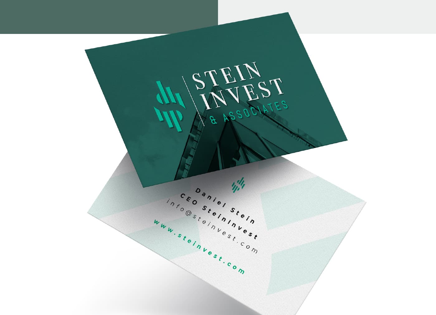 Dark green business cards with the logotype over a skyscraper photograph
