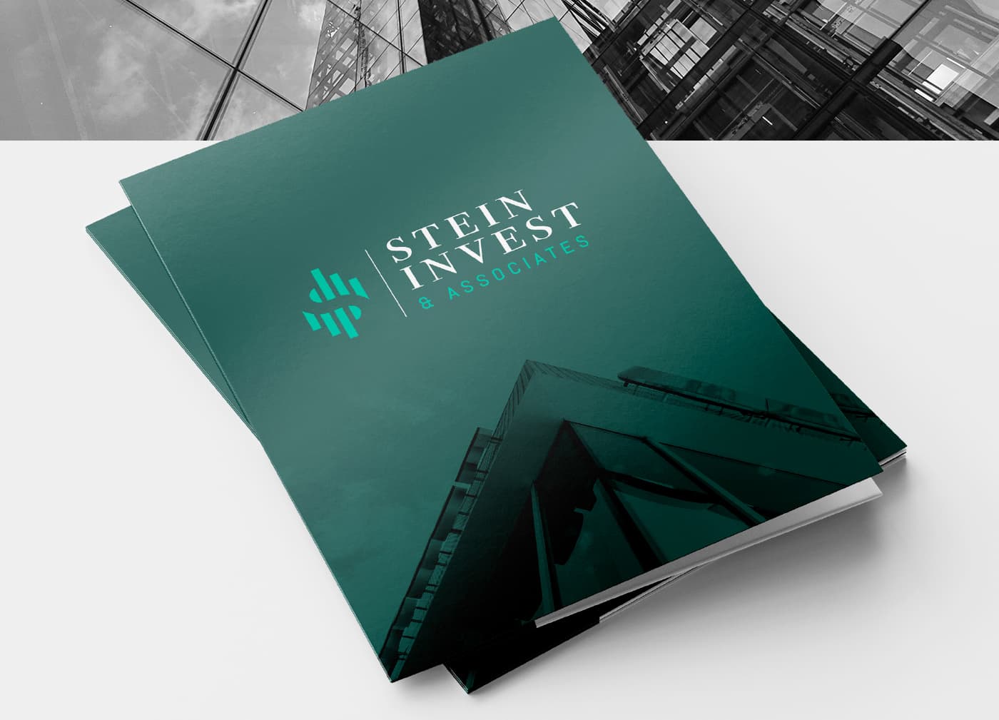 Green corporate dossier with the logotype and a photograph of an office building