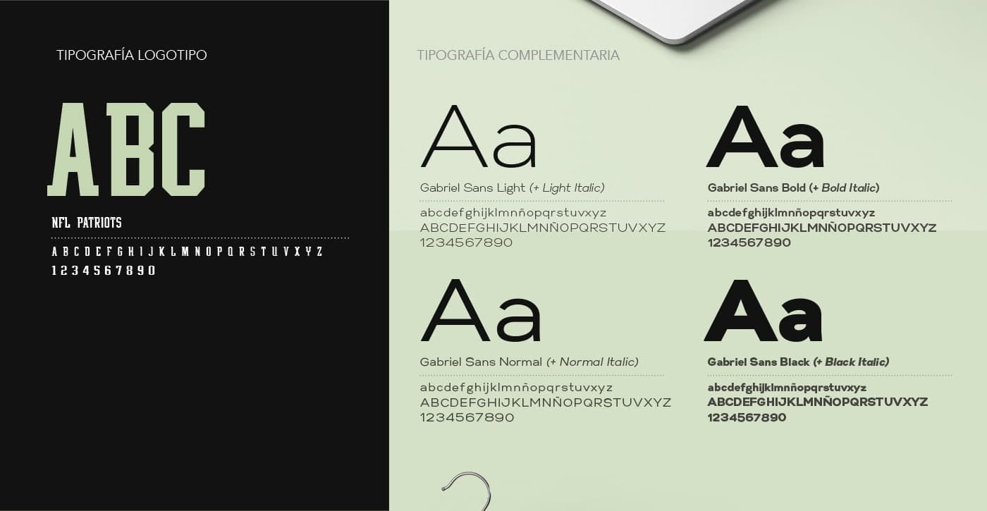 Typographic sample of the logotype and the complementary font Gabriel Sans