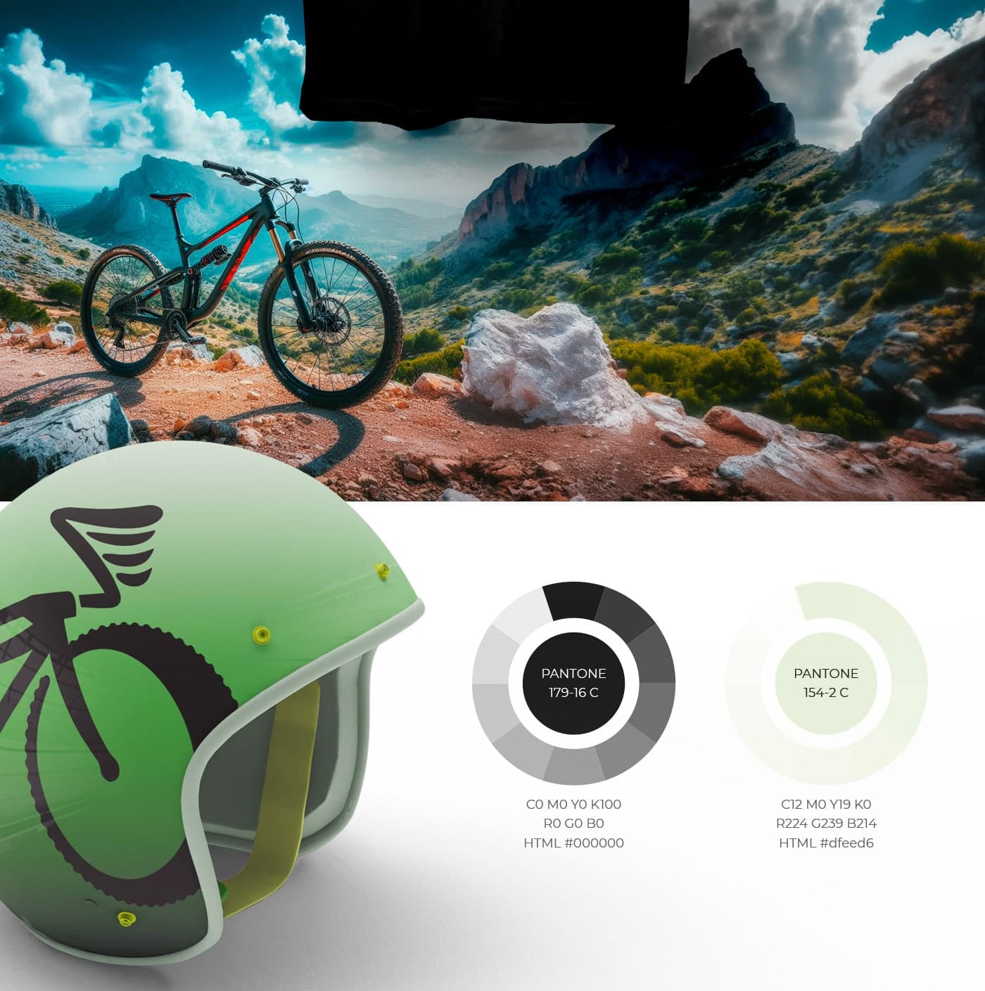 Cycling helmet with the angel-bicycle symbol and green colour palette