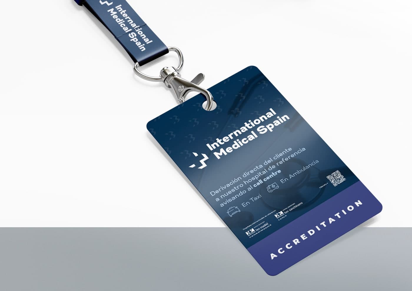 Blue gradient lanyard badge with the logo and QR code for the Barcelona office