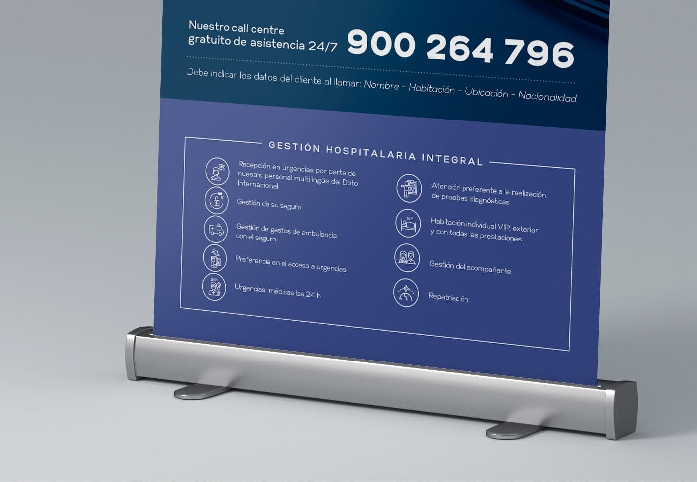Detail of the roll-up with the comprehensive hospital management service icons and helpline number