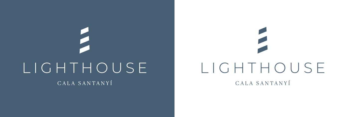 Aplicaciones del logotipo Lighthouse sobre fondo azul marino y blanco