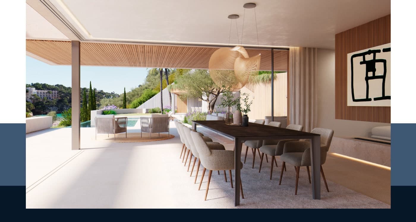 Render del comedor con vistas al mar desde la terraza